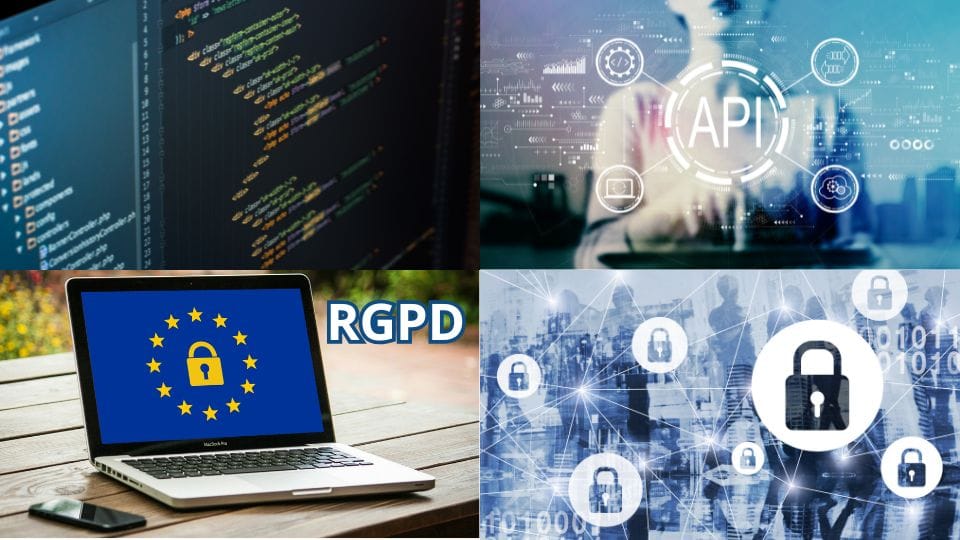 Montage photo représentant : le développement web, la gestion des appels API, le RGPD et la sécurité web