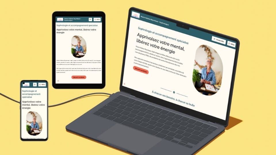 Visuel représentant le site de MHR Sophrologue en version ordinateur, tablette et mobile